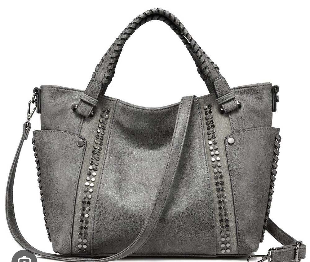 Realer large gray faux leather hobo handbag purse studded edgy Bohemian chic